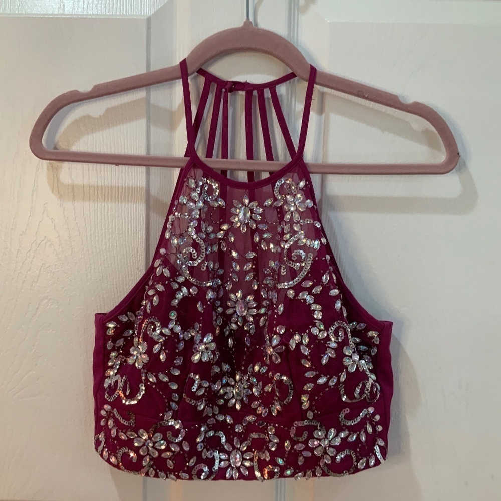 B Darlin Burgundy Beaded Rhinestone Halter Crop Top Formal Prom Size 5/6